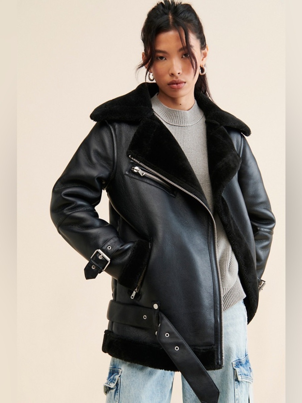 NWT. Bagatelle. Vegan Leather/Faux Fur Aviator Moto Jacket. Black. Size XS.